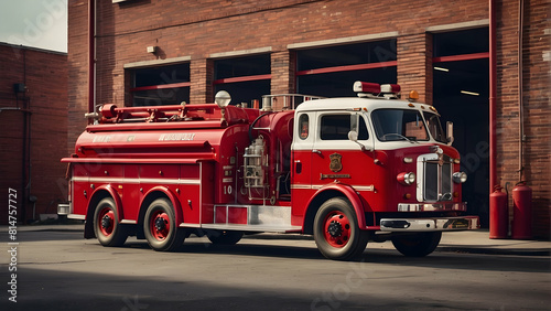 Vintage fire truck parked outside a station