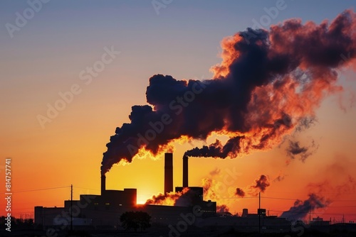 Silhouette of power plant with smoke rising against the sky, air pollution, environmental pollution, global warming.