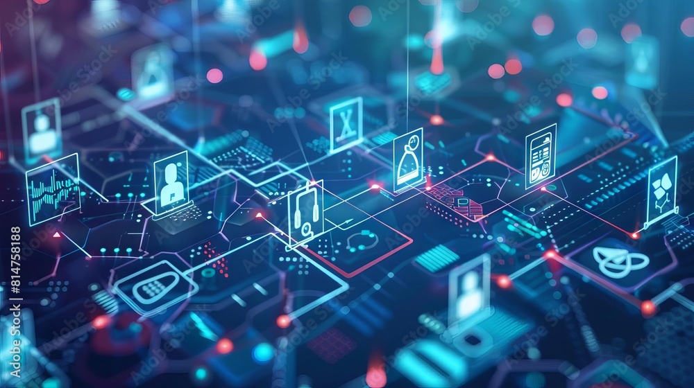 A scenario showing a blockchain application facilitating seamless health insurance claims processing, visualized by digital nodes and connections A scenario showing a blockchain application facilitating seamless health insurance claims processing, visualized by digital nodes and connections