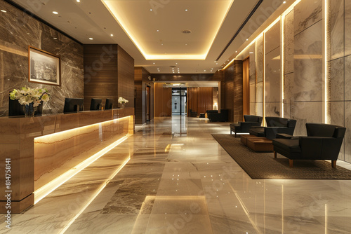 Modern hotel lobby interior and reception desks, Front view of reception desk in luxury hotel, Modern Hallway: Spacious Corridor with Sleek Design and Illuminated Architectural Elements