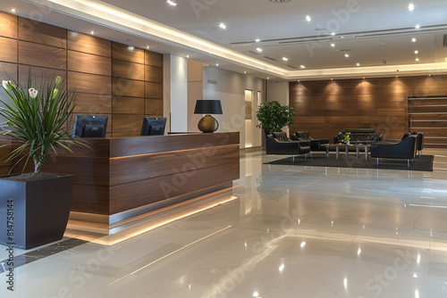 Modern hotel lobby interior and reception desks, Front view of reception desk in luxury hotel, Modern Hallway: Spacious Corridor with Sleek Design and Illuminated Architectural Elements