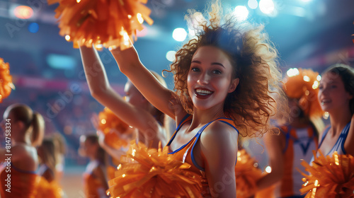 Cheerleader group dancing with pom-poms at basketball stadium.  photo