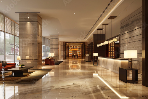 Office building interior showcasing the reception area. Photo of the entrance of a modern luxurious hotel in beautiful light 