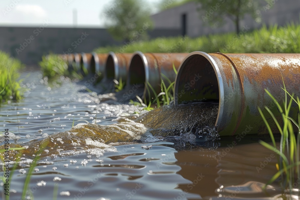 Wastewater flowing into the river through pipeline, municipal waste management, environmental pollution, sewage. Wastewater flowing into the river through pipeline, municipal waste management, environmental pollution, sewage.