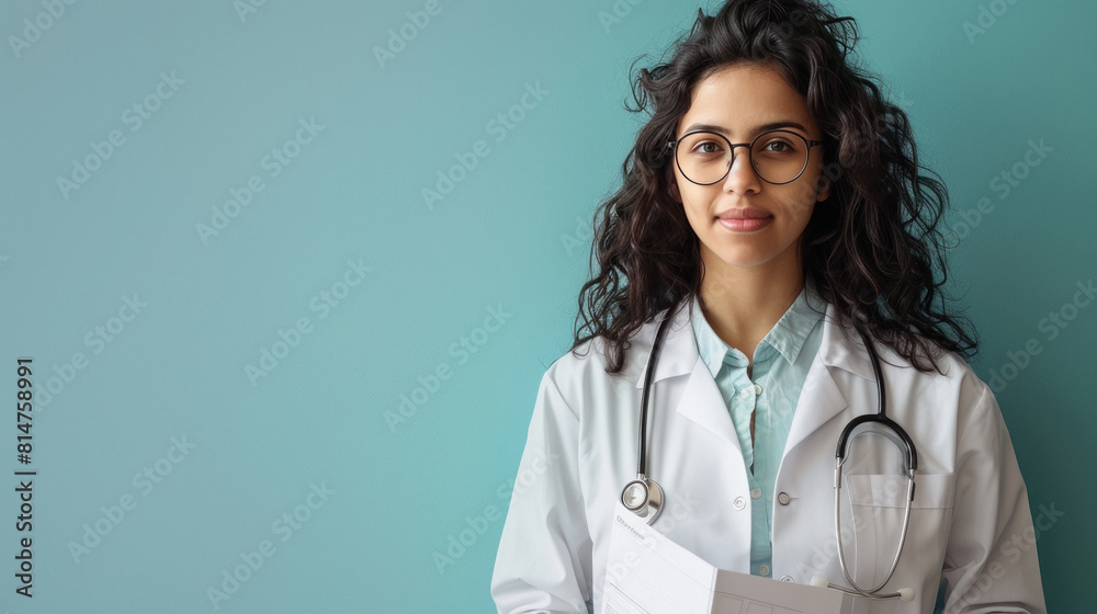 indian female doctor, holding patient paper or medical report indian female doctor, holding patient paper or medical report