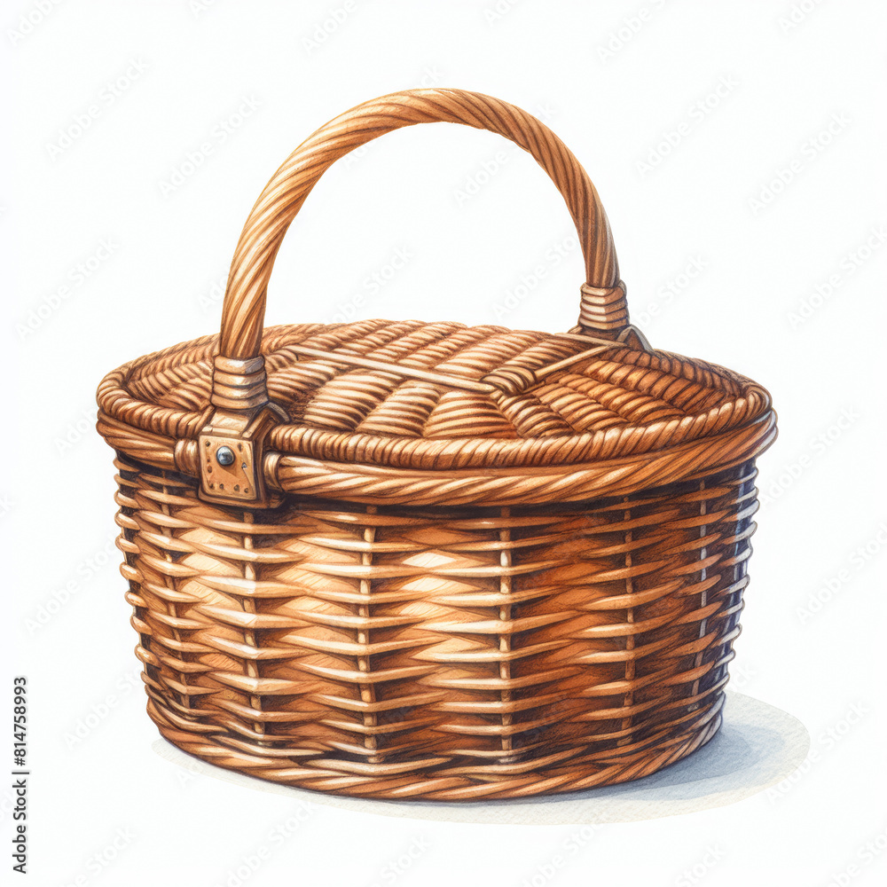Wicker picnic basket with handle and lid, ideal for outdoor meals and springtime outings, isolated on white background Wicker picnic basket with handle and lid, ideal for outdoor meals and springtime outings, isolated on white background