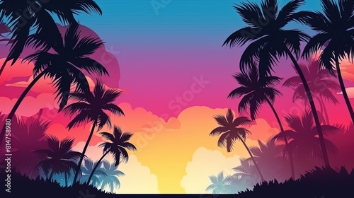 Tropical sunset panorama with palm trees silhouetted against a colorful sky.