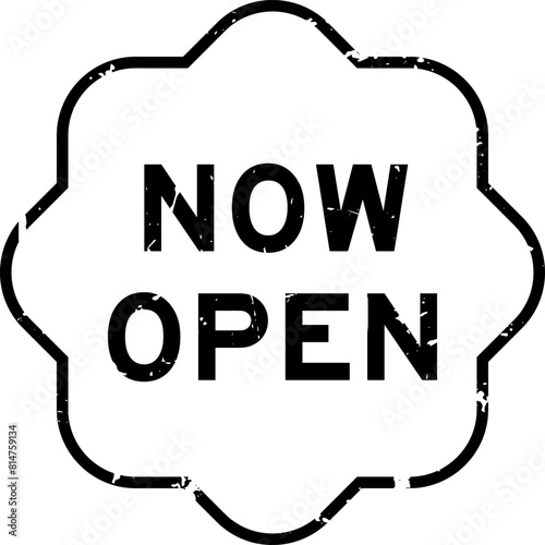 Grunge black now open word rubber seal stamp on white background