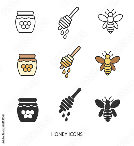 Vector honey stick icon, jar with honey icon, bee icon in solid, gradient and line styles. Trendy colors. Isolated on a white background. Editable stroke