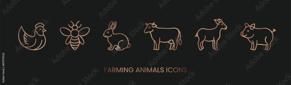 Vector chicken, bee, rabbit, cow, goat, pig, meat icons line bronze style, farm animals. Trendy colors. Isolated on a white background. Editable stroke Vector chicken, bee, rabbit, cow, goat, pig, meat icons line bronze style, farm animals. Trendy colors. Isolated on a white background. Editable stroke