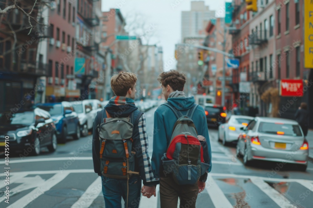 Fototapeta premium Two young men with backpacks are crossing a city street, holding hands