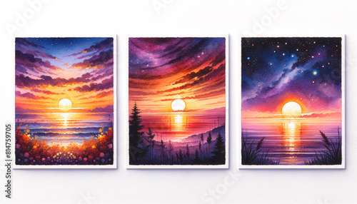 Triptych of vibrant seaside sunset paintings transitioning from twilight to starry night, ideal for decor and themes related to tranquility and nature photo