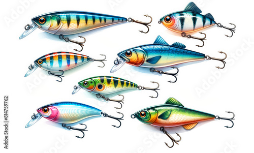 Assorted colorful fishing lures collection isolated on white background, ideal for outdoor sports and Father's Day advertising photo