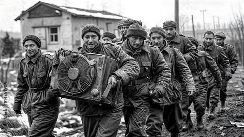 Black and white photo of group of men carrying old fan. photo
