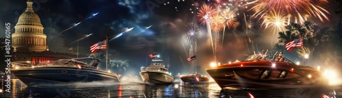 A nighttime river race with boats illuminated by glow sticks, culminating in a grand fireworks display for the 4th of July
