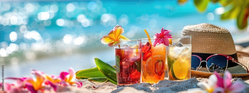 Fototapeta premium Beautiful exotic cocktails on the beach. Selective focus.