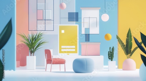 This image features a bright  minimalist room with abstract geometric shapes  vibrant colors  and modern furniture