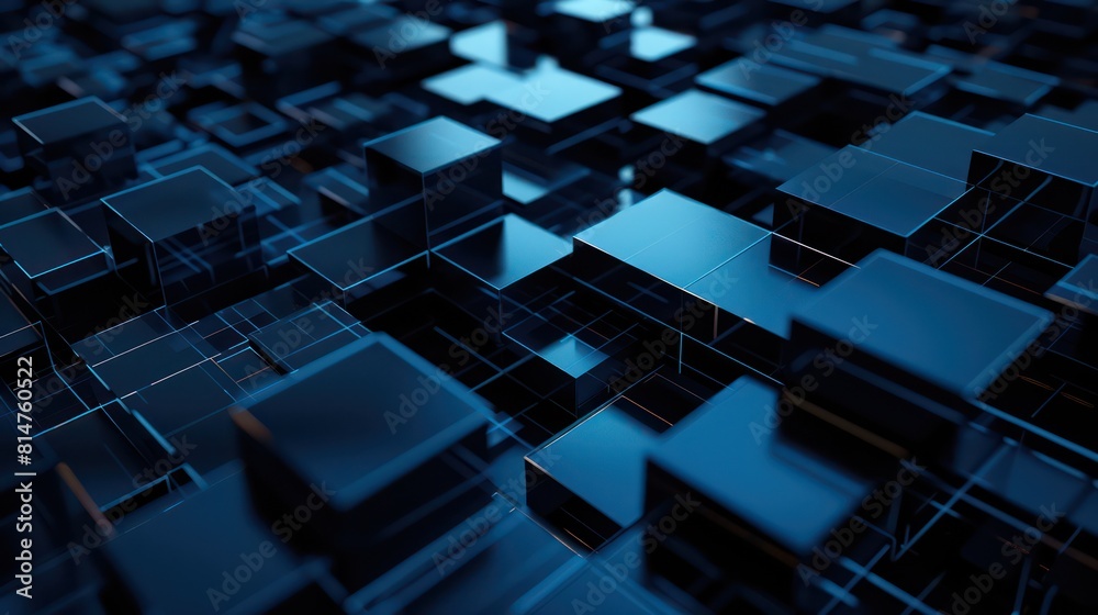 This image features numerous three-dimensional cubes arranged in an abstract pattern with a deep blue color tone and subtle lighting effects This image features numerous three-dimensional cubes arranged in an abstract pattern with a deep blue color tone and subtle lighting effects
