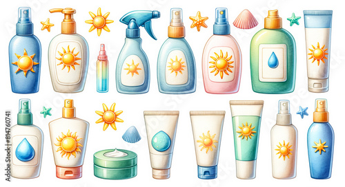 Collection of illustrated summer skincare products with sun and water motifs, ideal for vacation, beach holidays, and sun protection themes