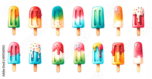 Assorted colorful melting ice pops on a white background  representing summer  refreshment  and childhood treats