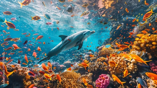 Amazing underwater world with coral reef and tropical fish. Dolphin swims gracefully in the deep blue sea. © Galib