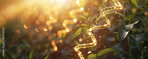 An expansive crop field bathed in golden sunlight, with rows of lush green plants swaying gently in the breeze. Illuminated 3D DNA structures hover above the crops, symbolizing genetic innovation and photo