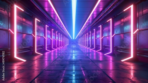 An interior hallway with blue and purple light. Background of futuristic architecture sci-fi hallway and corridor tunnel with neon lights. AI generated 