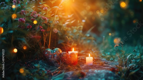 Candles and fortune telling magic in the forest. Selective focus.