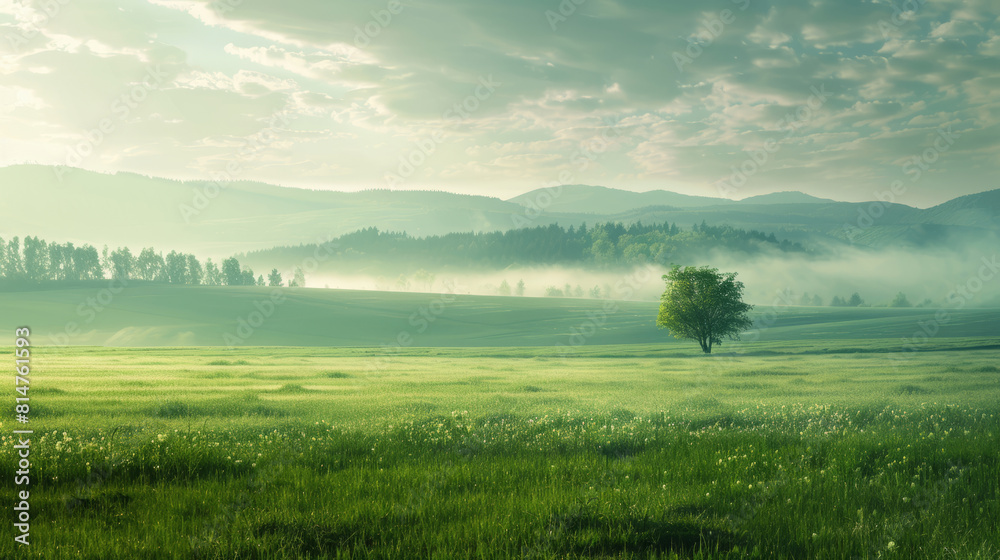 Misty morning landscape with lone tree in lush green field