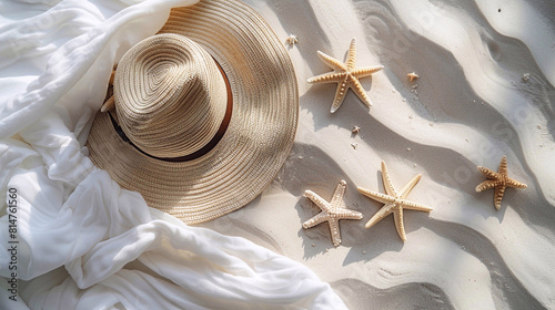 Summer set. A straw hat, white balnket, seashells and seastars on white sandy beach.