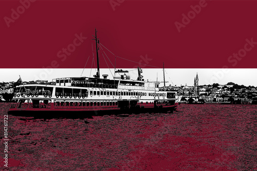 Latvia flag with Istanbul city, Bahrain flag, Bosphorus view, vacation in Latvia, holiday 