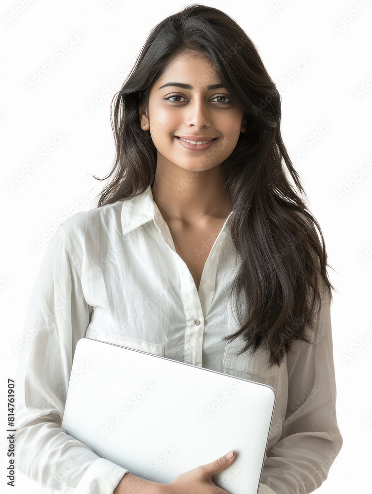 Young corporate female employee holding laptop in hand Young corporate female employee holding laptop in hand
