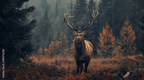Majestic stag standing in a foggy autumn forest