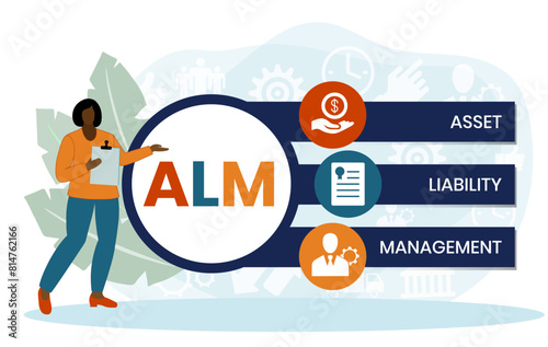 ALM, ASSET LIABILITY MANAGEMENT. Concept with keyword and icons. Flat vector illustration. Isolated on white.