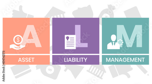 ALM, ASSET LIABILITY MANAGEMENT. Concept with keyword and icons. Flat vector illustration. Isolated on white.