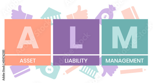 ALM, ASSET LIABILITY MANAGEMENT. Concept with keyword and icons. Flat vector illustration. Isolated on white.