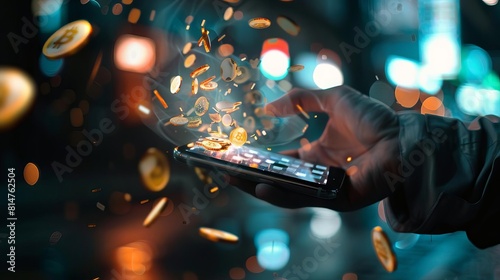 A symbolic image of a hand holding a smartphone displaying a crypto trading app, with digital coins flowing out from the screen onto the hand