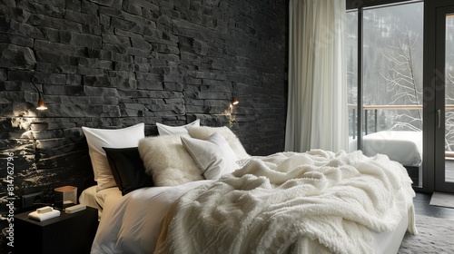 A luxury bedroom with a sleek, black stone accent wall and a white cashmere throw photo
