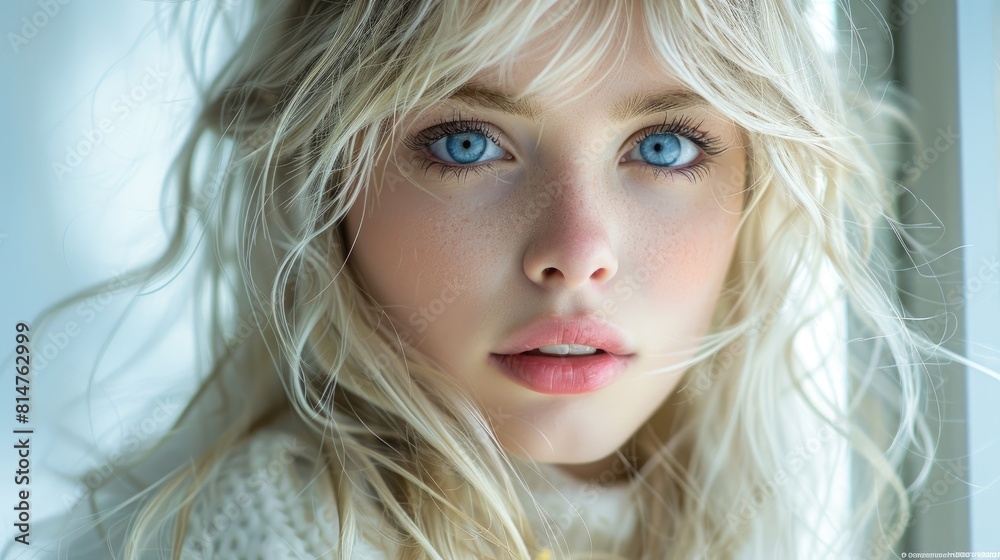 Close-up portrait of a young woman with platinum blonde hair. Close-up portrait of a young woman with platinum blonde hair.