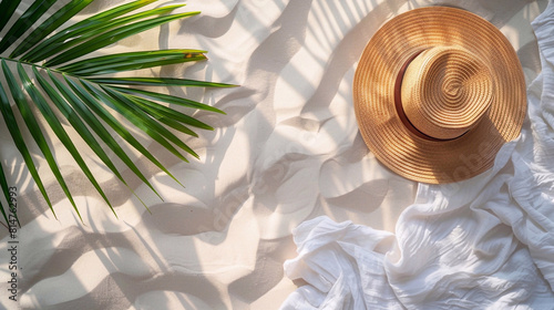 Summer set. A straw hat, white balnket and a green palm leaf on white sandy background.