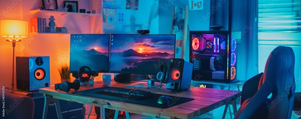 A techie s workspace featuring dual monitors, a highspeed gaming router, and smart home controls on the desk