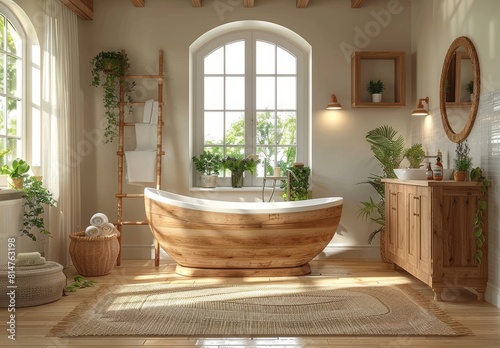 Warm and inviting bathroom with a wooden bathtub and sunlit plants