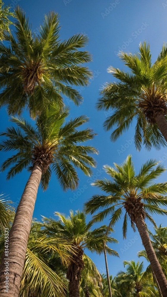 Tall palm trees reach towards clear, blue sky. Lush green fronds illuminated by sunlight, casting intricate shadows on textured trunks. Vibrant green leaves create contrast with deep blue sky.
