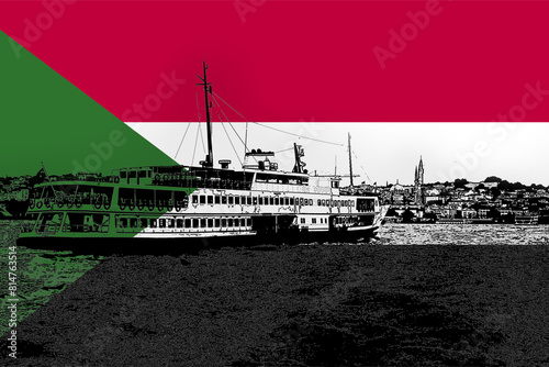 Sudan flag with Istanbul city, Bosphorus view, Turkish culture and language, holiday destination