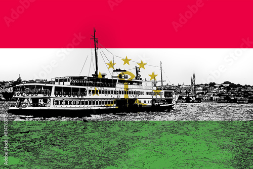 Tajikistan flag with Istanbul city, Bosphorus view, Turkish culture and language, holiday 