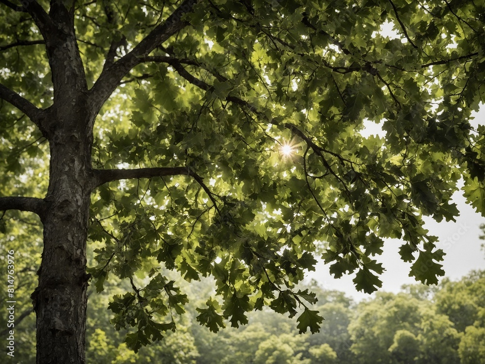 Fototapeta premium Sunlight filters through lush green leaves of large, sturdy tree, casting dappled shadows below. This creates serene, peaceful atmosphere in what verdant park setting.