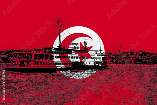 Tunisia flag with Istanbul city, Bahrain flag, Turkish culture and language, holiday destination