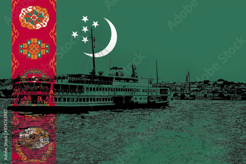 Turkmenistan flag with Istanbul city, Turkish culture and language, vacation in Turkmenistan