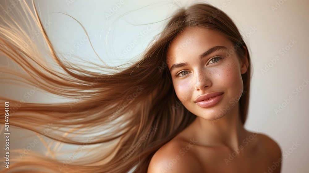 A beautiful caucasian woman showcasing long, smooth, and shiny brown hair, advertising hair dye products, hair care, white solid color background, copy space.