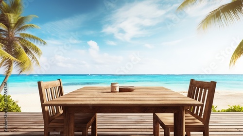 Beach with trees  a blue sky  and a wooden table by the sea. Stunning landscape with a table by the beach.